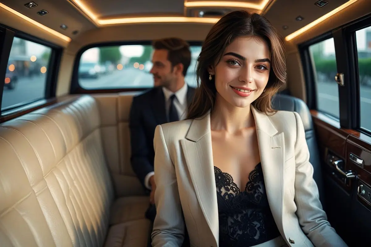 Smiling woman in a white blazer riding in the back seat of a limousine